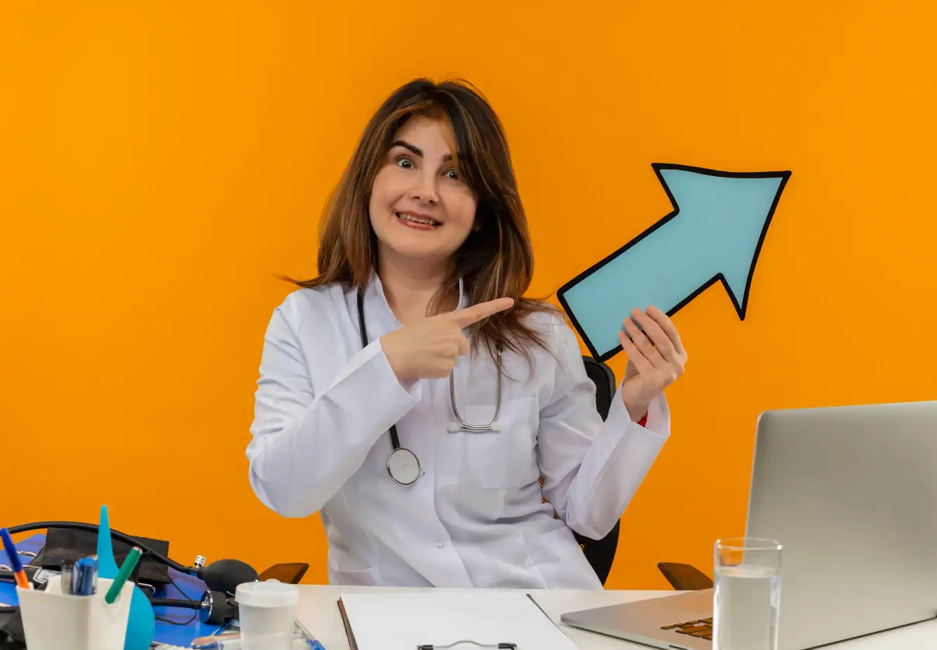 smiling middle aged female doctor wearing medical robe with stethoscope transformed