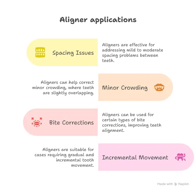 Aligners vs Braces Aligner applications for spacing issues, minor crowding, bite corrections, and incremental movement in orthodontic treatment