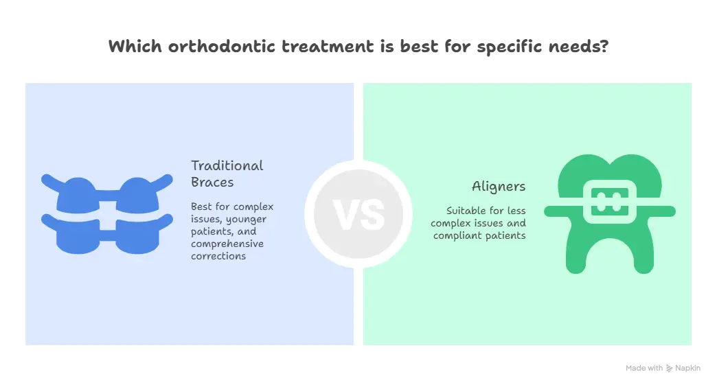 Which orthodontic treatment is best for specific needs Traditional braces vs aligners for complex vs less complex issues and patient compliance