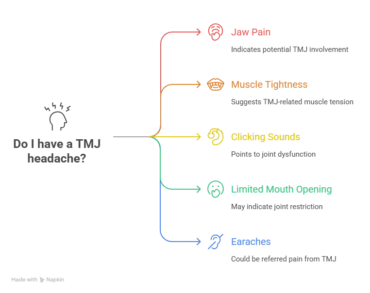 Flowchart of TMJ headache signs like jaw pain, tightness, clicking, and earaches