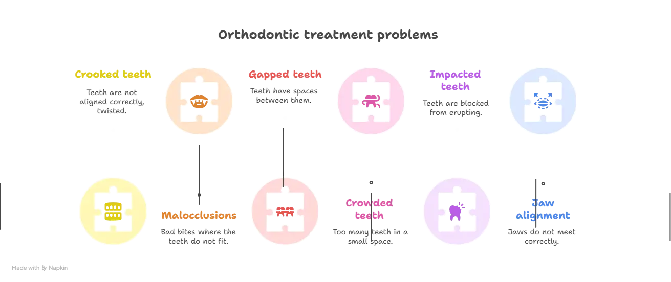 Infographic showing orthodontic issues like crooked, gapped, impacted teeth, and jaw misalignment