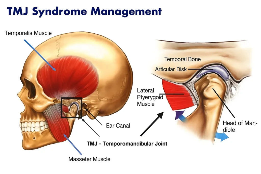 TMJ anatomy illustration highlighting jaw muscles, joint structure, and nearby bones