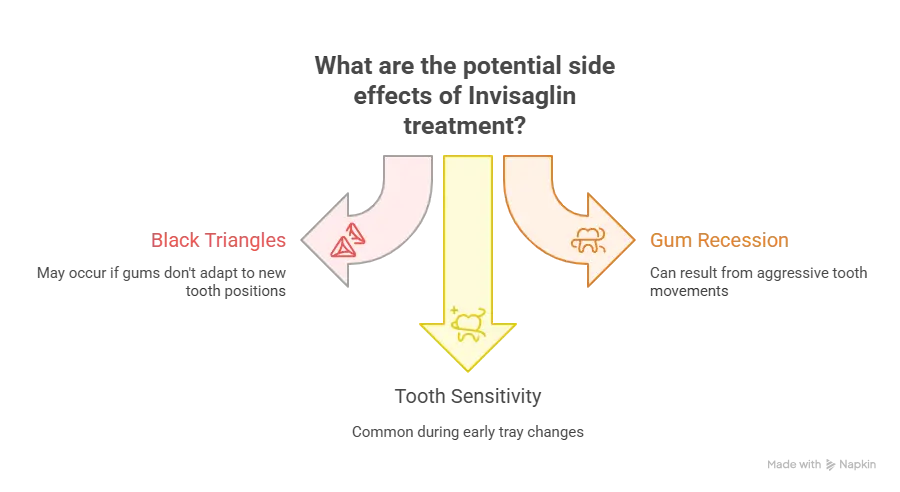 Infographic showing side effects of Invisalign treatment like black triangles, gum recession, and tooth sensitivity